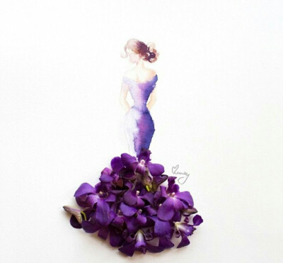  来自马来西亚视觉艺术家林小薇,也称为Limzy。采用精心放置的鲜花和花瓣作为美丽的时装礼服的轮廓，来创作出这系列异想天开的花&amp;amp;amp;时尚混合的礼服插图。鲜花 礼服 婚纱 设计 手稿