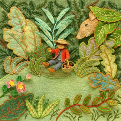 莎莉梅沃灿烂的立体绣。我爱她绣的叶子在背面绿色的感觉，然后在顶部的三维树叶，给它一个很大的深度。