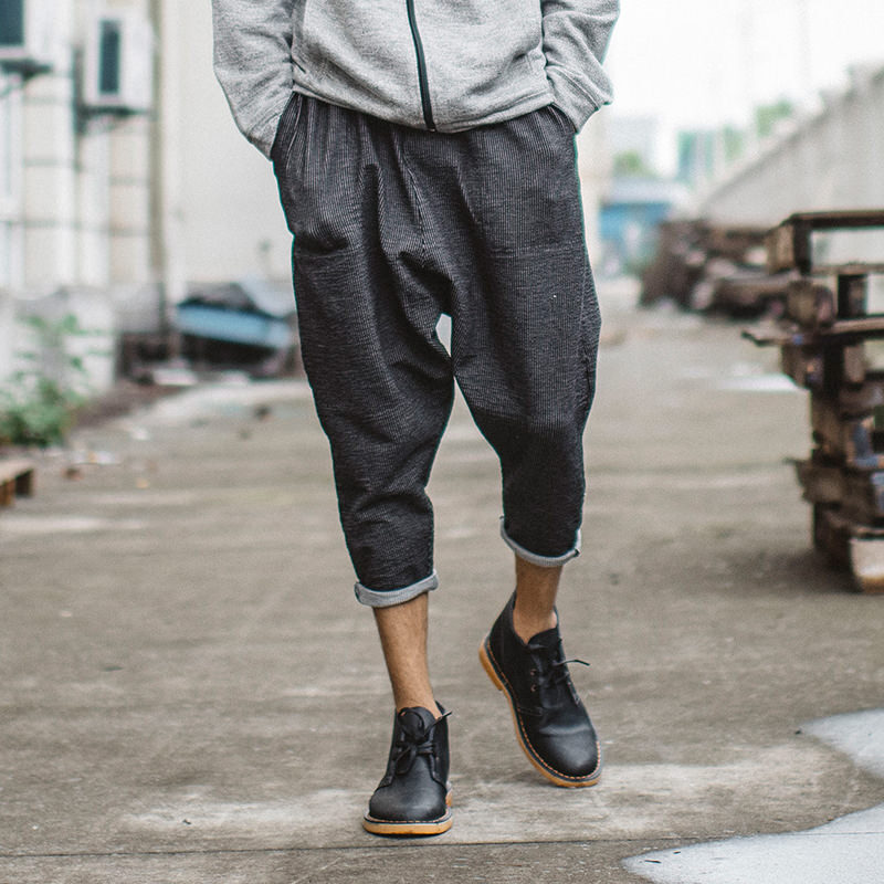 兔先森秋冬褶皱碎花坑条水洗哈伦掉档休闲裤日系男款九分裤