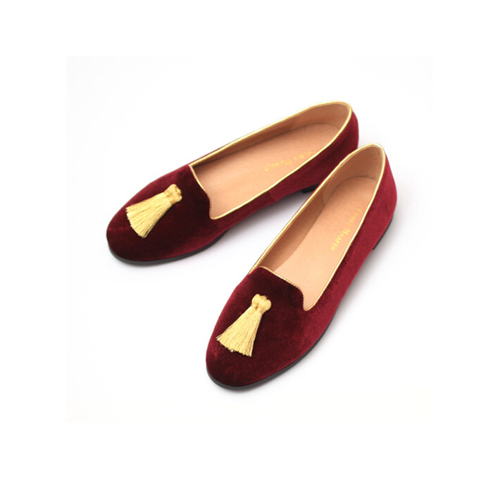 订制 Truble Maaker Tassel Loafers 金色流苏丝绒乐福鞋 酒红