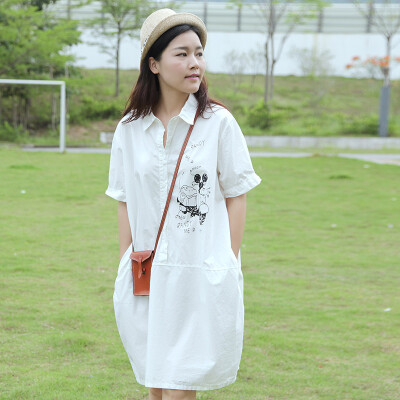 馨桔XINJU夏季女文艺纯棉短袖衬衫裙宽松卡通白色连衣裙