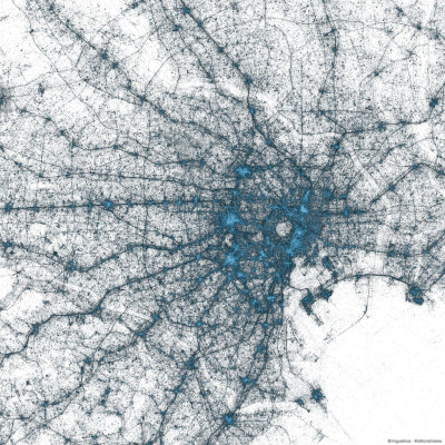 Twitter的世界 将09年以来twitter每条状态发布地址记录，就能得到这样地图。图中每个蓝色点就是一条twitter状态发布地址。可以看出那些地区twitter用户比较活跃，一般经济较发达，人口稠密，网络比较自由地区，颜色…