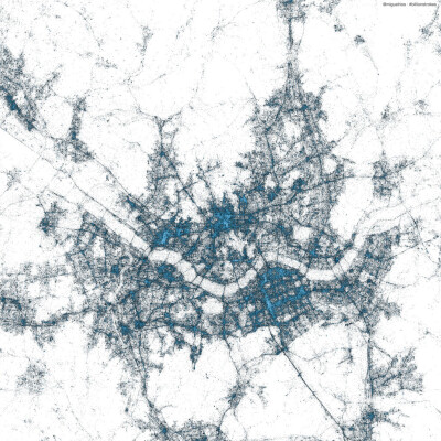 Twitter的世界 将09年以来twitter每条状态发布地址记录，就能得到这样地图。图中每个蓝色点就是一条twitter状态发布地址。可以看出那些地区twitter用户比较活跃，一般经济较发达，人口稠密，网络比较自由地区，颜色…