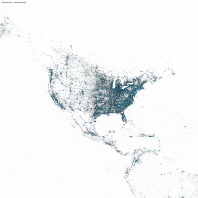 Twitter的世界 将09年以来twitter每条状态发布地址记录，就能得到这样地图。图中每个蓝色点就是一条twitter状态发布地址。可以看出那些地区twitter用户比较活跃，一般经济较发达，人口稠密，网络比较自由地区，颜色…