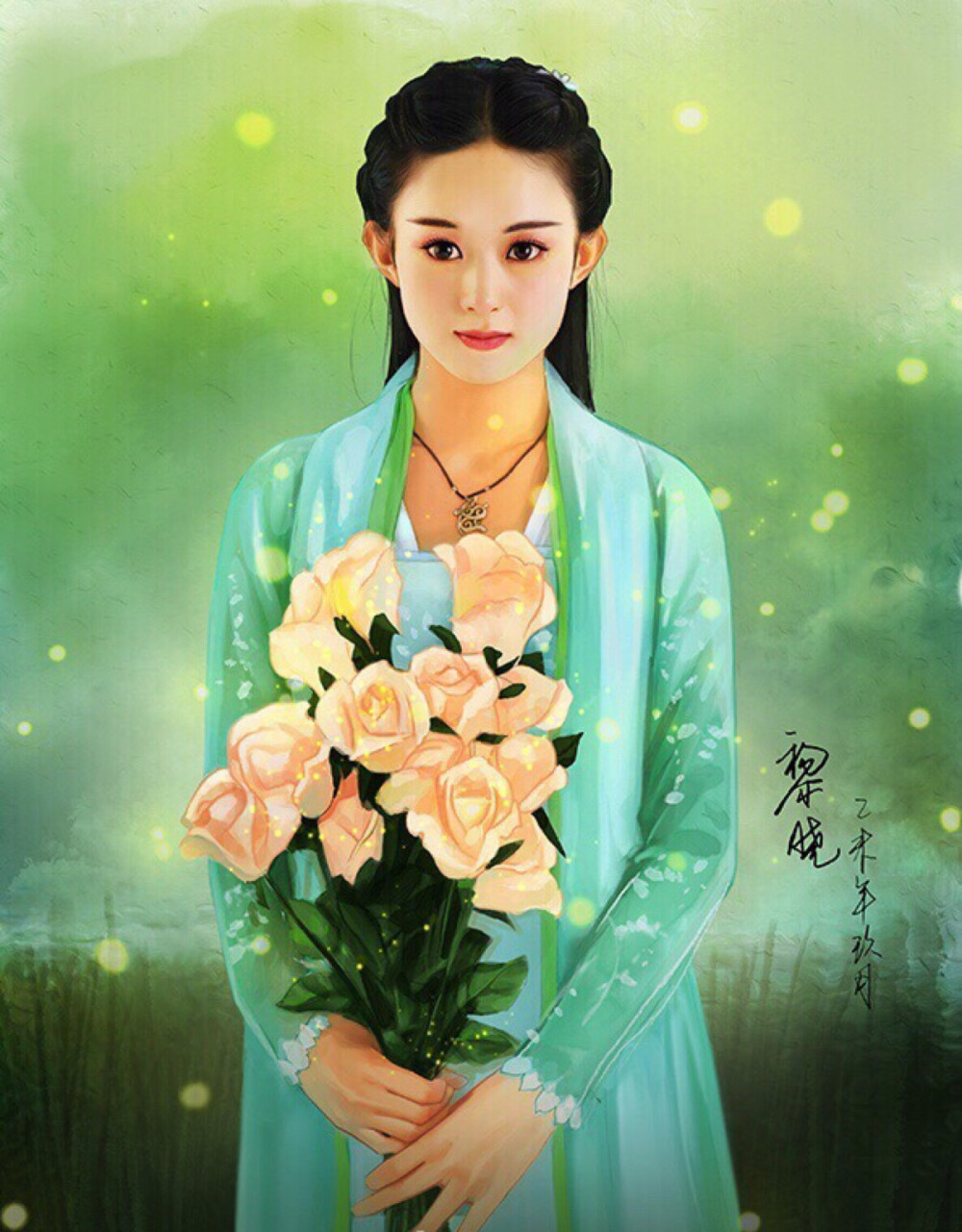 【影视】 花千骨 赵丽颖 霍建华 手绘插画 水彩插画 "拂过几身雪花,绿