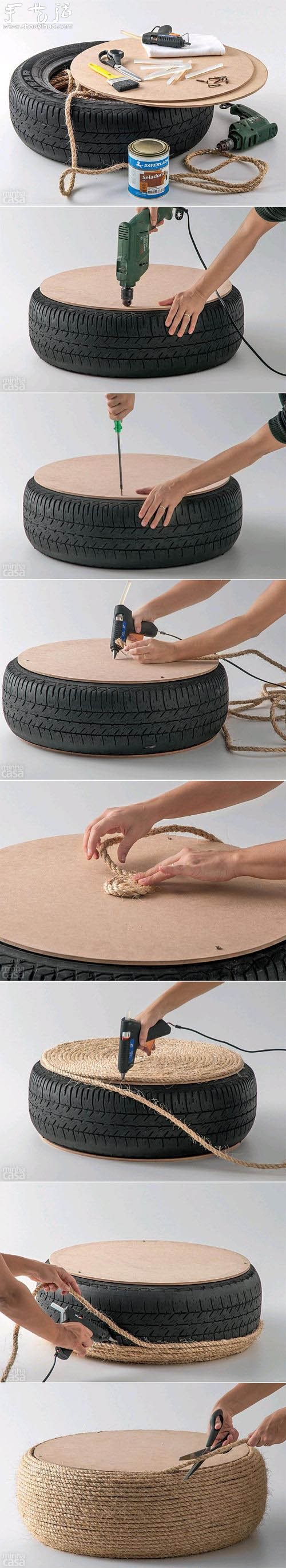 三夹板、废旧汽车轮胎、热熔胶、草绳