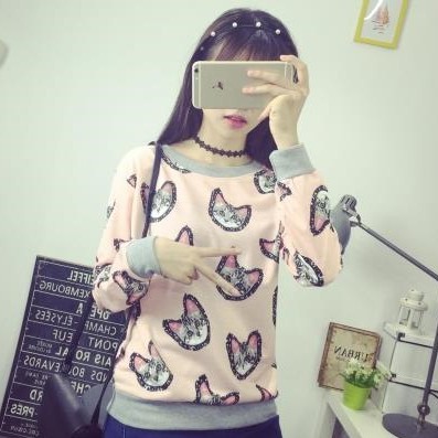 2015年秋季新品女装韩版宽松卡通猫咪图案圆领长袖卫衣