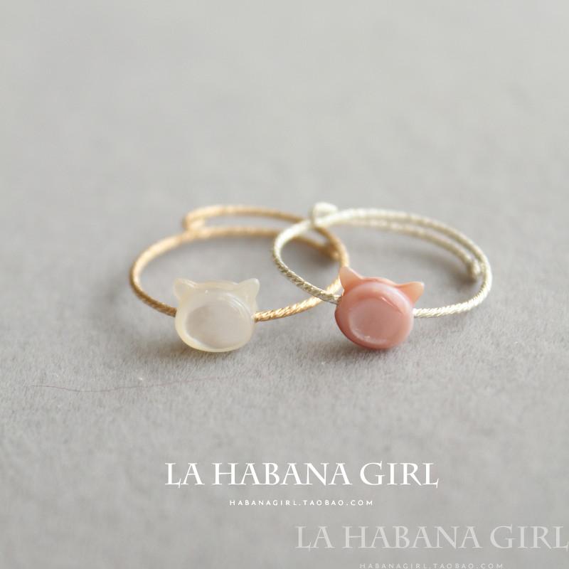 La habana girl&hearts;手作&hearts;萌系剪影猫咪 深海贝壳手工戒指