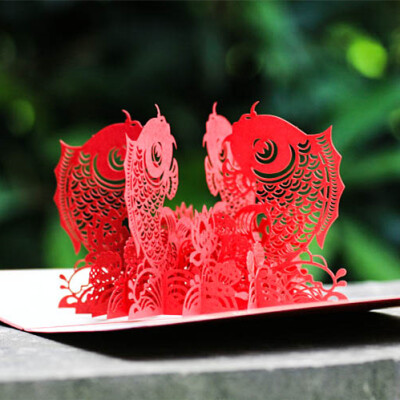中国吉祥风商务礼物礼品喜庆3D立体雕刻镂空贺卡祝福卡片年年有鱼