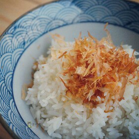 『日式美食 猫饭』简单的日本菜，将鲣鱼节刨成片（木鱼花），放在热饭上，淋入酱油或味增汤，边拌边吃即可。之所以叫“猫饭”，是因为猫爱吃鲣鱼，以前日本人也经常用鲣鱼混合剩菜剩饭喂猫，因故得名。