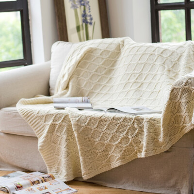 掬涵白色格纹双面毯手工毛线毯夏季 休闲毯空调毯床毯