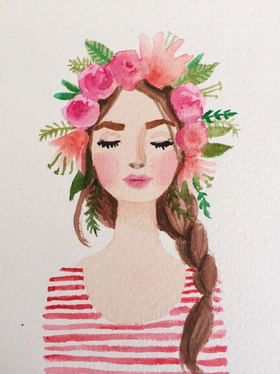 Flower crown girl original watercolor painting