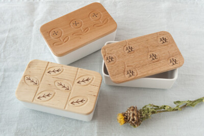 日本进口 OAK VILLAGE手工实木盖陶瓷方形黄油盒保险盒套装 含刀
