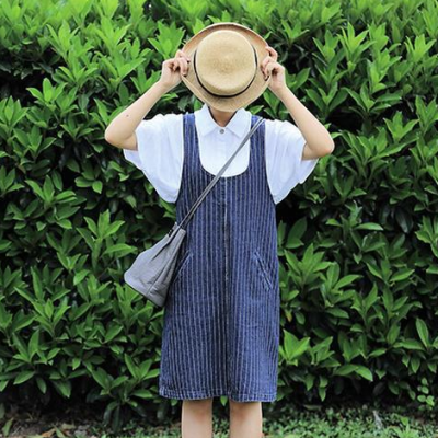 学院风女装裙子夏季简约竖条纹牛仔背心裙宽松无袖连衣裙