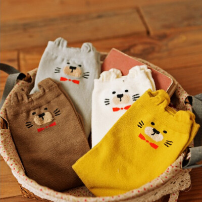 5双 创意韩国全棉卡通小熊女士袜子 抗菌吸汗纯棉中筒纯棉袜