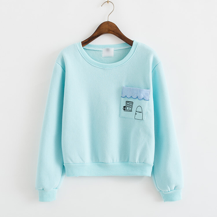 秋冬韩版宽松女装糖果色圆领贴布绣花加绒卫衣长袖打底衫