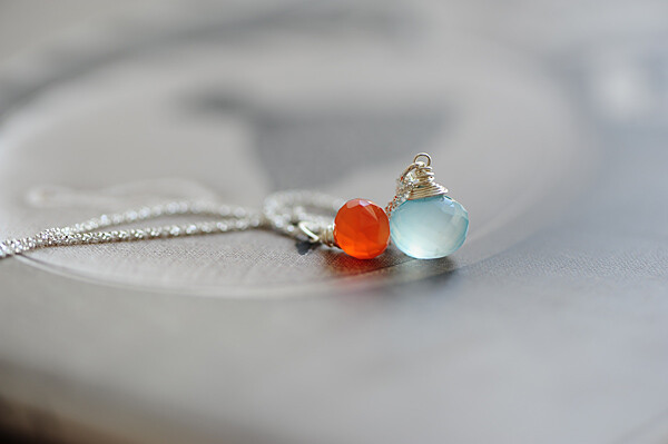 限量&times;2美丽在心头浅蓝玉髓&amp;橙玉髓 925银雪砂链项链