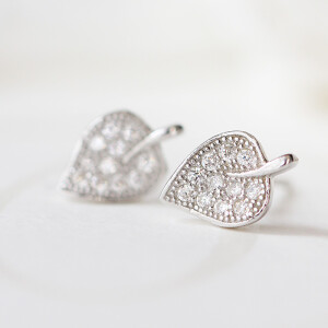 ZZJ通体S925纯银饰品 精致微镶锆石 清新 小树叶子 耳钉 日韩女AC