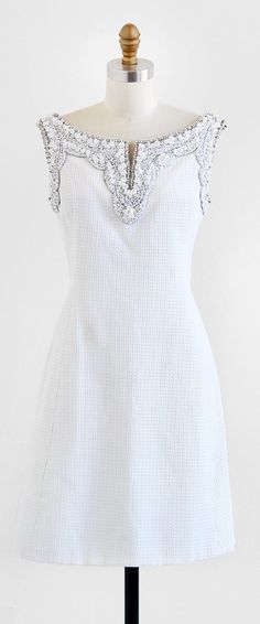 1960白色串珠水钻领棉布礼服