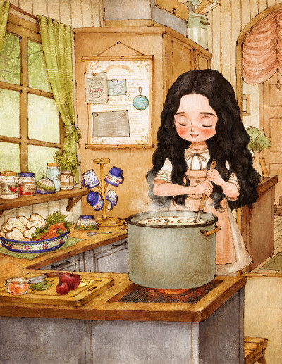 烹调美食的时光 ~ 来自韩国插画家Aeppol 的「森林女孩日记」系列插画。