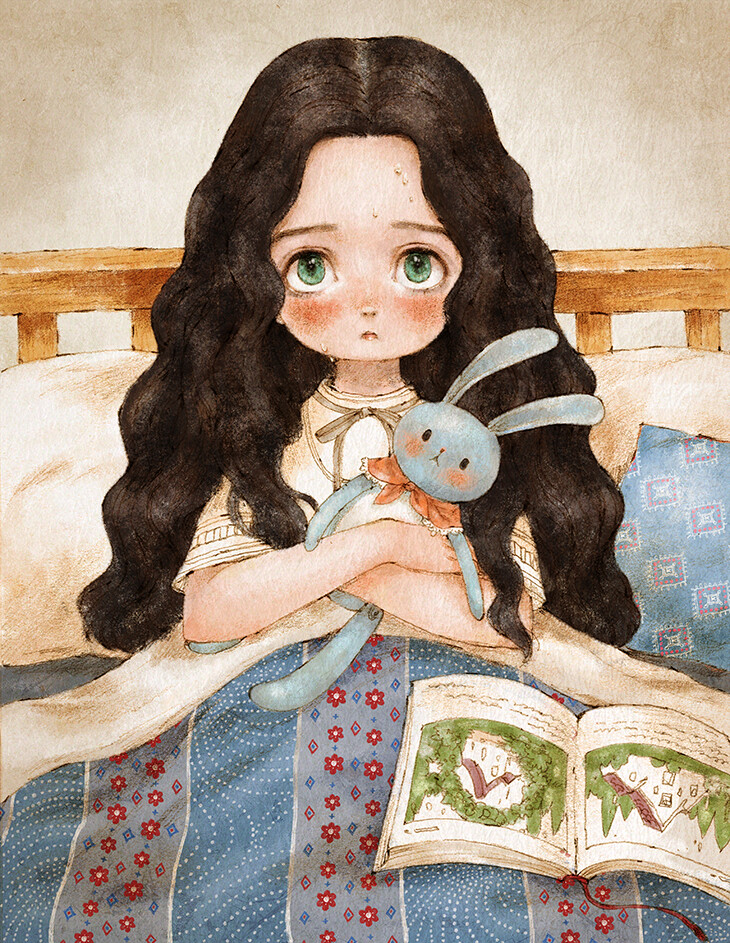 兔宝宝相伴入眠 ~ 来自韩国插画家Aeppol 的「森林女孩日记」系列插画。