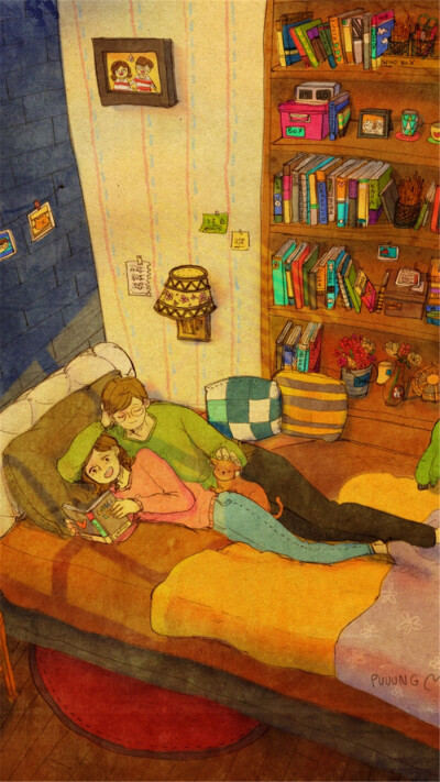 韩国插画师puuung的暖心爱情故事插画 壁纸 책을 읽어줘요 (Reading Me a Book)I lay with you while you read your book aloud. The words are meaningless to me. All I hear is your sweet voice.