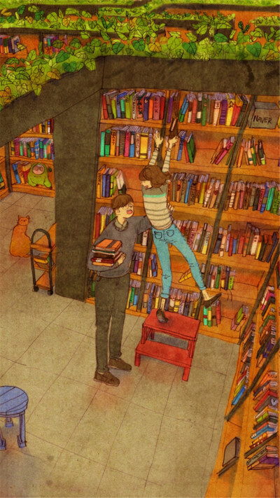 韩国插画师puuung的暖心爱情故事插画 壁纸 도서관 (Library)Watch out! You almost fell down picking out the books from a tall shelf!