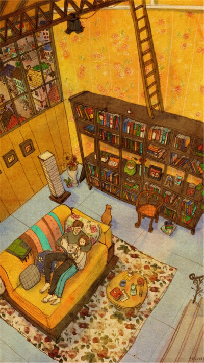 韩国插画师puuung的暖心爱情故事插画 壁纸 책을 읽어줘요 (Reading a book)Falling asleep while listening to your soft voice.