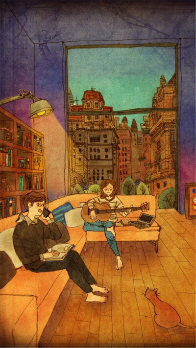 韩国插画师puuung的暖心爱情故事插画 壁纸 늦은 점심 (Late lunch)We missed our meal while loafing around and decided to call in the delivery food for late lunch. 2 large pizzas please!