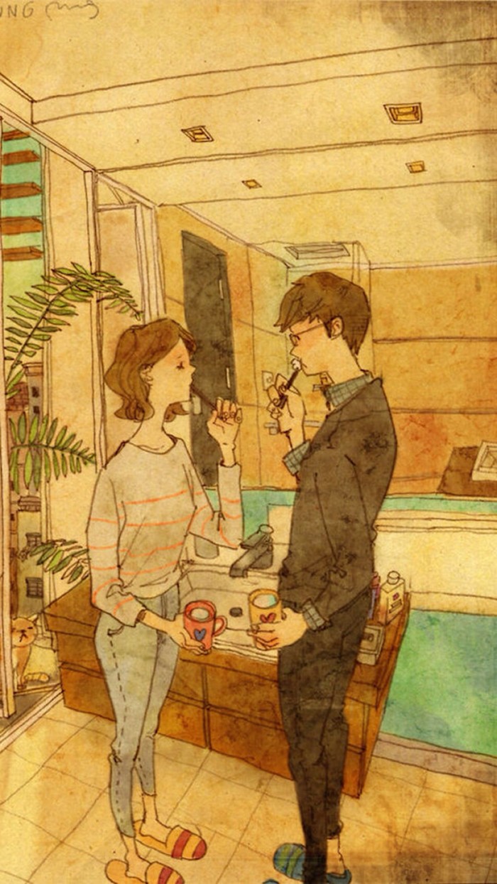 韩国插画师puuung的暖心爱情故事插画 壁纸 양치 (Brushing teeth)Brushing our teeth together! Cleaning up here and there.