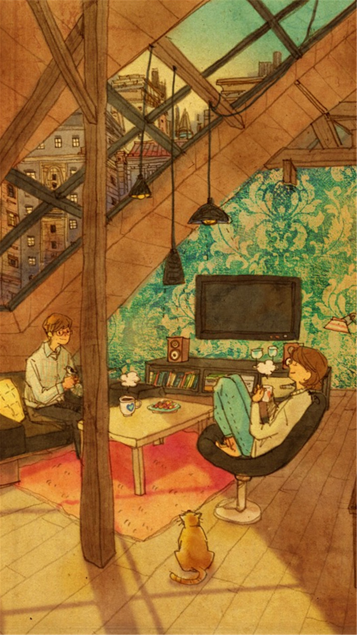 韩国插画师puuung的暖心爱情故事插画 壁纸 (Tea time)Taking a rest with a cup of tea on a warm afternoon.