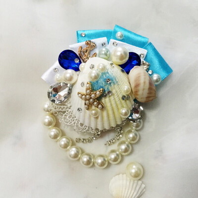 蓝色海洋风新娘手腕花 贝壳