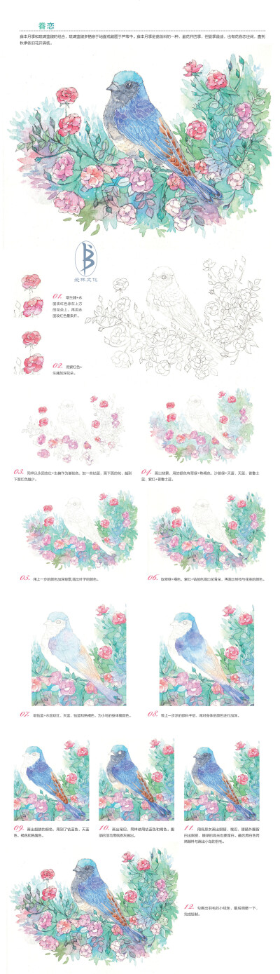 本案例摘自人民邮电出版社出版、爱林文化主编的《浪漫水彩课——花间鸟儿手绘技法》--爱林文化制作