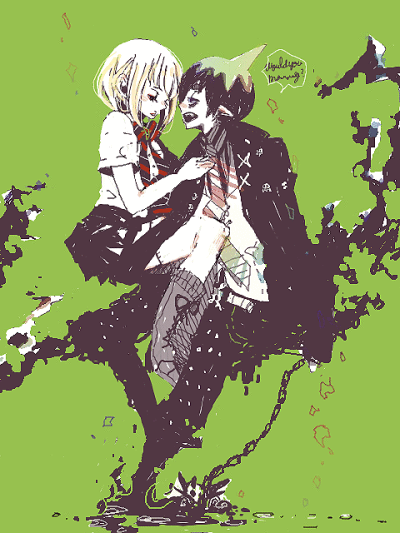 青の祓魔師（地王と花姫）[pixiv]id=19715100畫師:イッテル@試運転 還記得嗎？送過我的花！ 在陽光下 露出稚嫩臉頰 不斷回想 對妳的牽掛 多希望 希望得到 親口給的回答 傻瓜 妳看到了嗎 在這片熟悉的天空下 小鳥在唱…