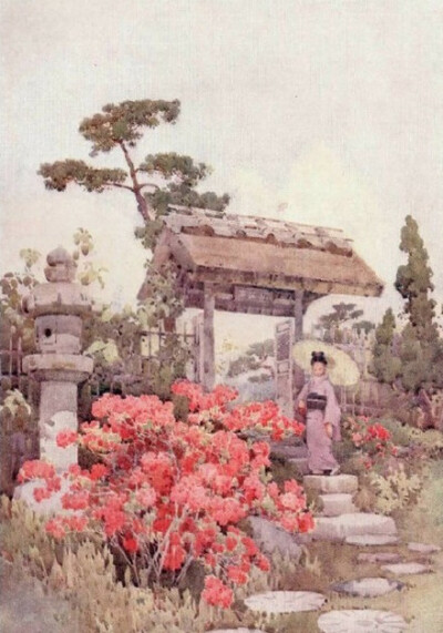 画家笔下的1908年的日本园林与寺庙。