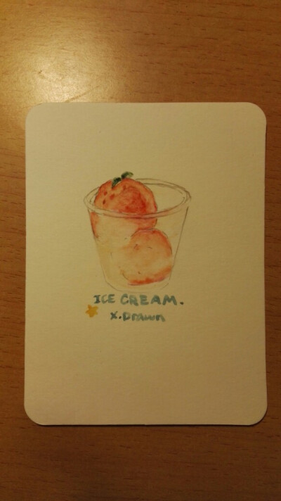 水蜜桃 冰淇淋球 手绘 白卡 水溶彩铅