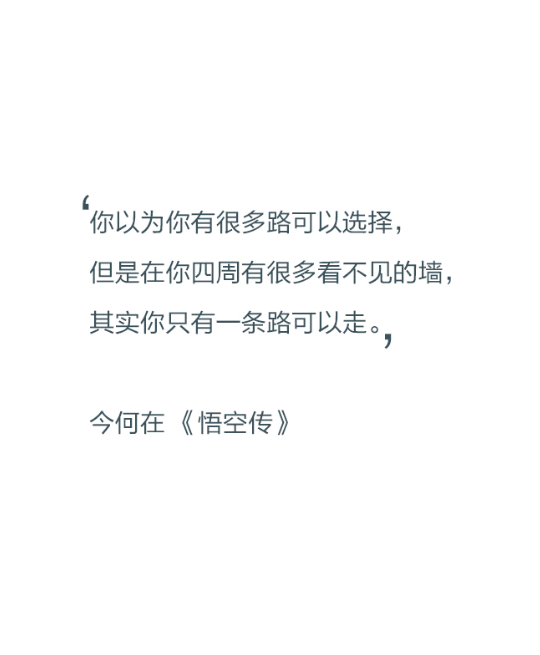 你以为你有很多路可以选择，但是在你四周有很多看不见的墙，其实你只有一条路可以走。——今何在《悟空传》