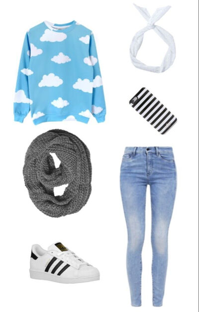 |Fir*DESIGN| 白云蓝天套头衫+深灰毛织围脖+白底黑条运动鞋+白色棉布发带+黑白条纹手机壳+经典蓝款紧身直筒牛仔