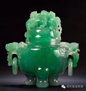 清光緒 御製翡翠九獅活環耳蓋爐 H 15.6 cm. W15.4 cm. Weight 1676.5 grams. 美國藏家（Sonja Caron Stein）舊藏 山中商會購自恭王府（小恭王傳伟出售）