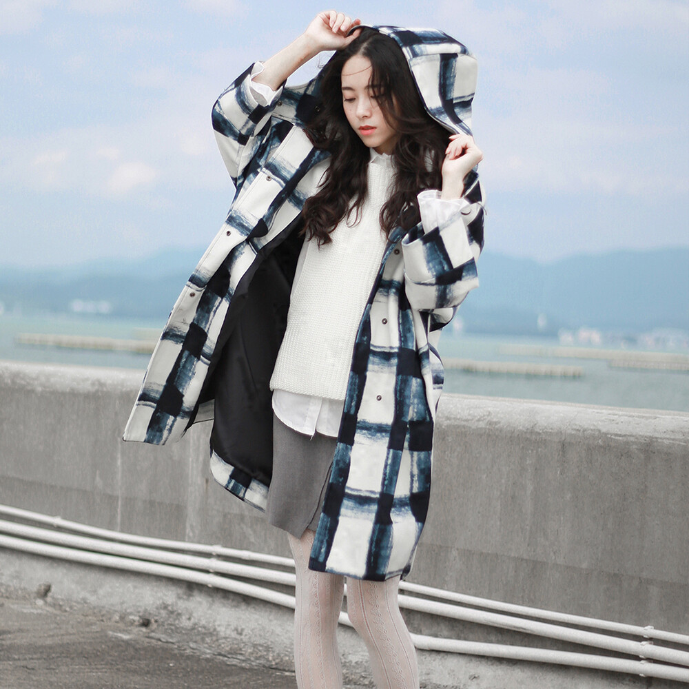 秋冬装韩版女装宽松格子大衣中长款学生连帽毛呢外套