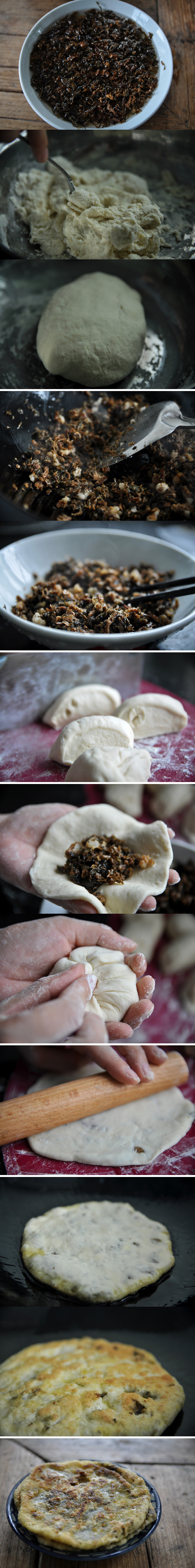 还是忍不住研究了梅干菜烙饼的简易做法。梅干菜烙饼，温州永嘉人称其为麦饼，是江浙一带传统的小吃。香脆可口的麦饼应该是在外的浙江人最惦记的家乡美食了吧。