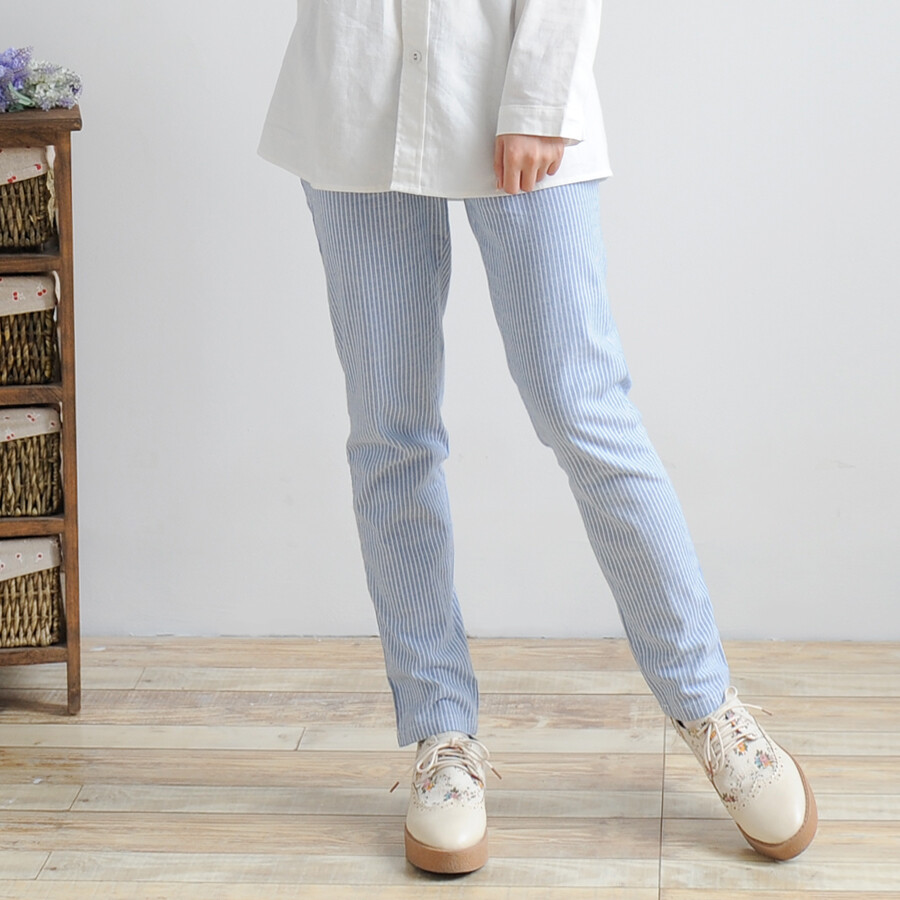 秋装日系甜美清新文艺可爱条纹松紧带学生休闲长裤女