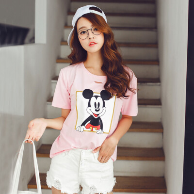 夏季女装韩版童趣米奇图案短袖T恤衫 开口设计宽松上衣