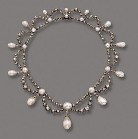 天然珍珠和钻石项链，法国，C 1860