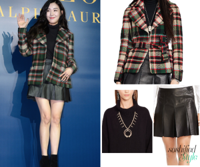 POLO Ralph Lauren: Plaid Wool-Blend Pea Coat @ ralphlauren.com $598 Merino Wool Turtleneck Sweater @ ralphlauren.com $198 Pleated Leather Skirt @ ralphlauren.com $598