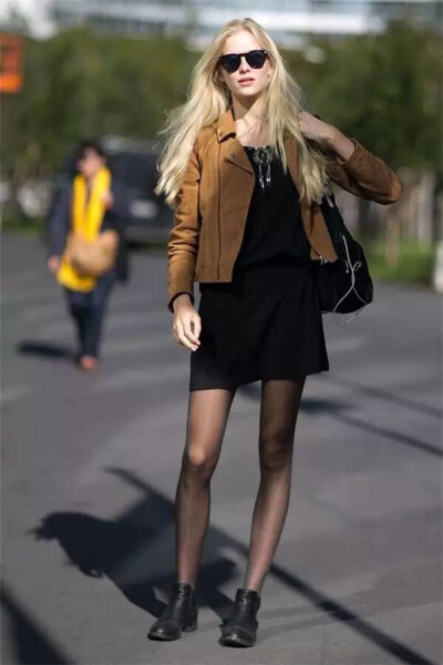 Suede jacket+black one piece+panty hose