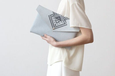 SALE Envelope Bag Geometrical Illusion Leather Suede Grey No. EB-307