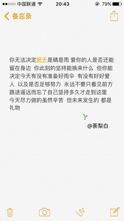 备忘录文字。你无法决定明天是晴是雨 爱你的人是否还能留在身边 你此刻的坚持能换来什么……今天尽力做的虽然辛苦 但未来发生的 都是礼物