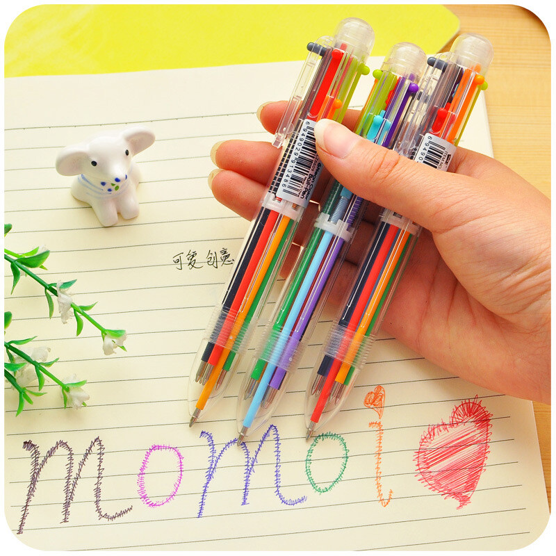 韩国彩虹色按动六色圆珠笔填色笔日记手帐涂鸦必备重点办公记号笔