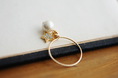日本棉花珍珠6mm奶油色&amp;小星星包金戒指